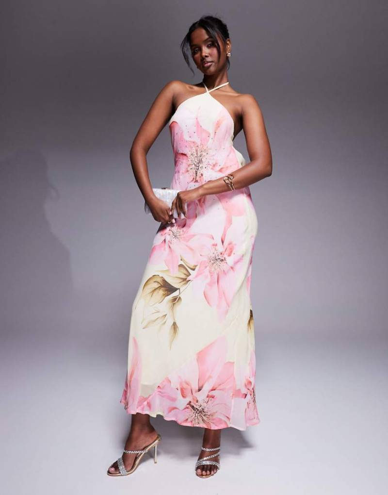 River Island - Neckholder-Maxikleid in Gelb mit Blumenmuster und verziertem Detail von River Island