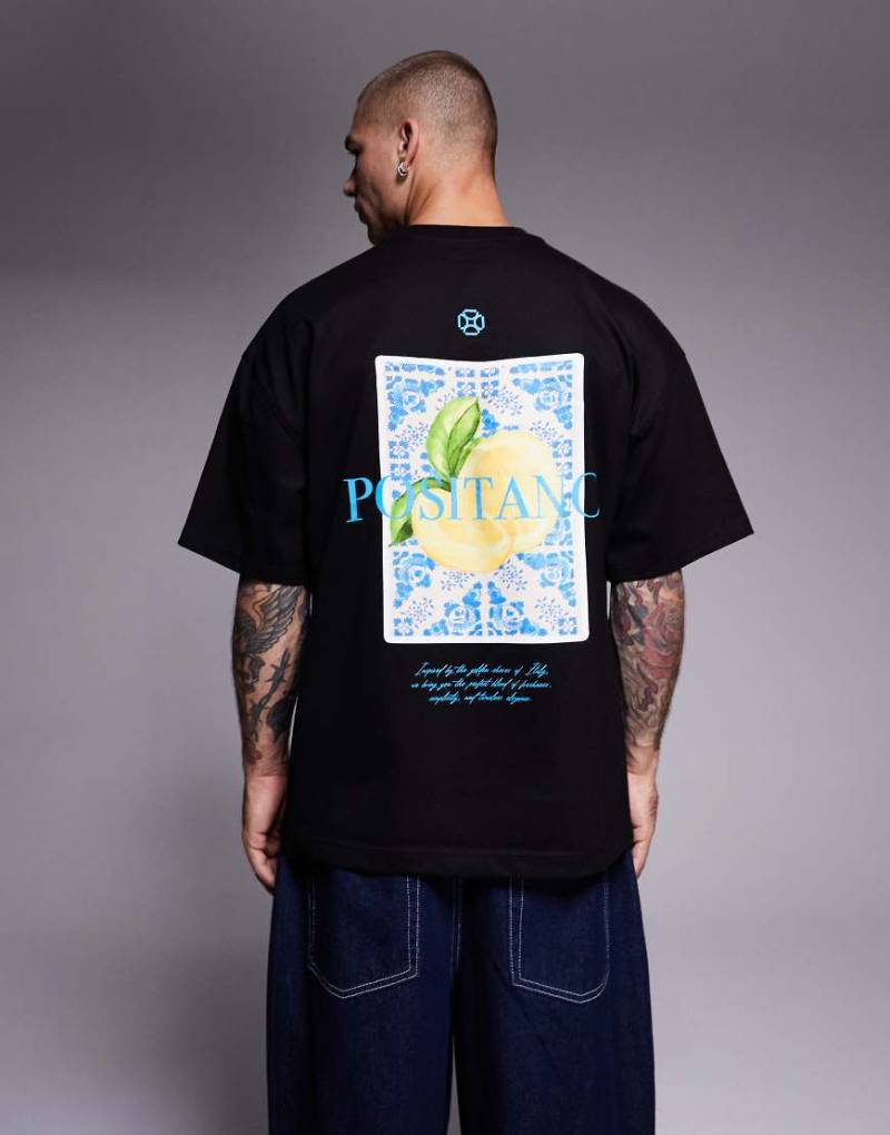 River Island - Oversize-T-Shirt in Schwarz mit „Positano Lemon"-Rückenprint von River Island