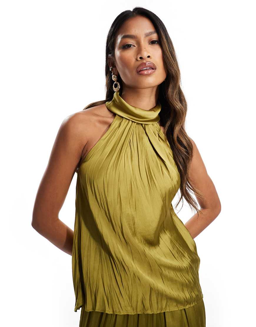 River Island - Plissiertes Neckholder-Oberteil aus Satin in Khaki, Kombiteil-Grün River Island - Plissiertes Neckholder-Oberteil aus Satin in Khaki, Kombiteil-Grün von River Island