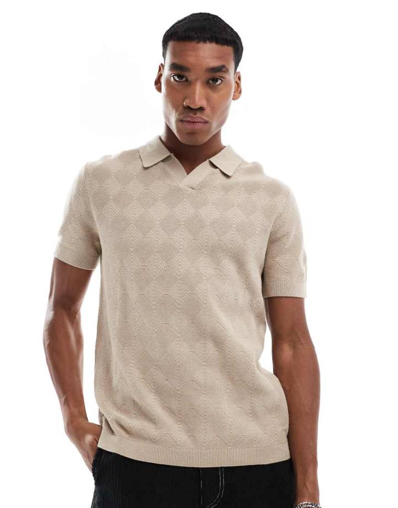 River Island - Poloshirt aus Strick in Steingrau mit Rautenstrickmuster-Neutral von River Island