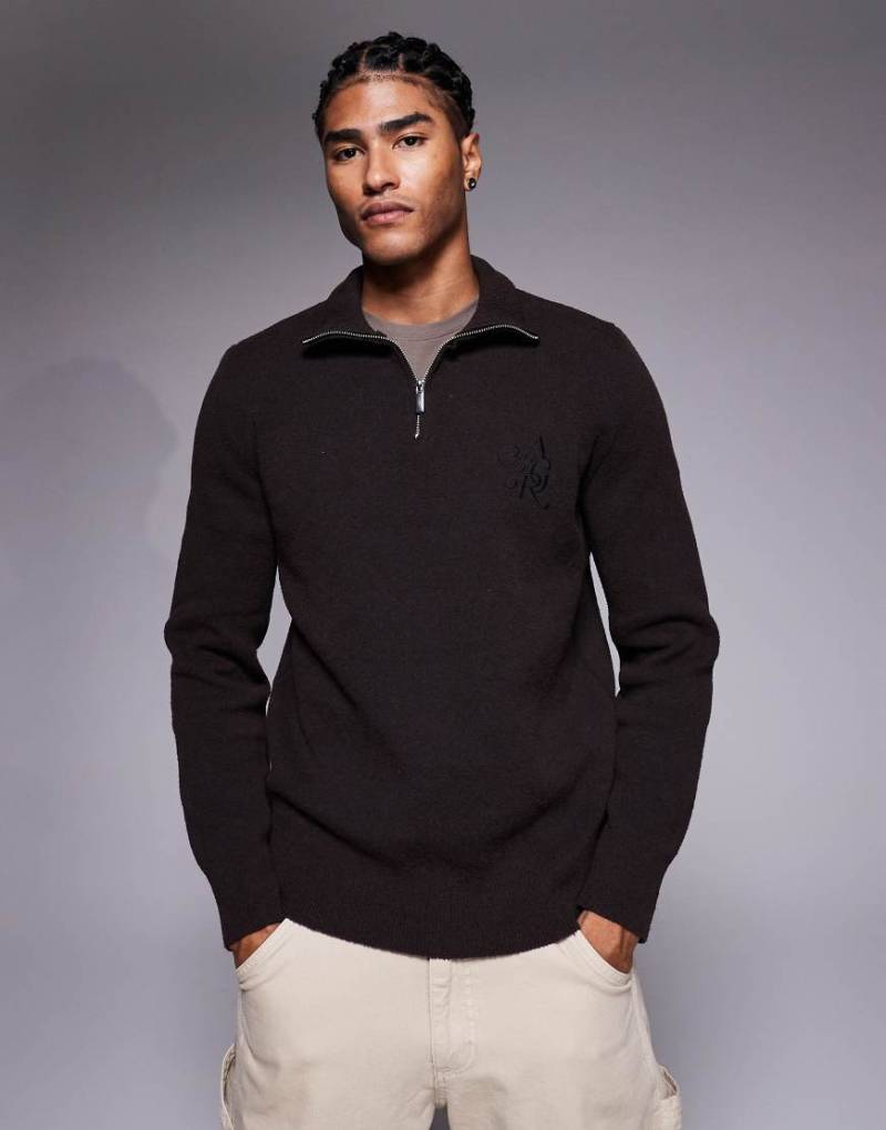 River Island - Pullover aus Bouclé in Dunkelbraun mit kurzem Reißverschluss-Brown von River Island