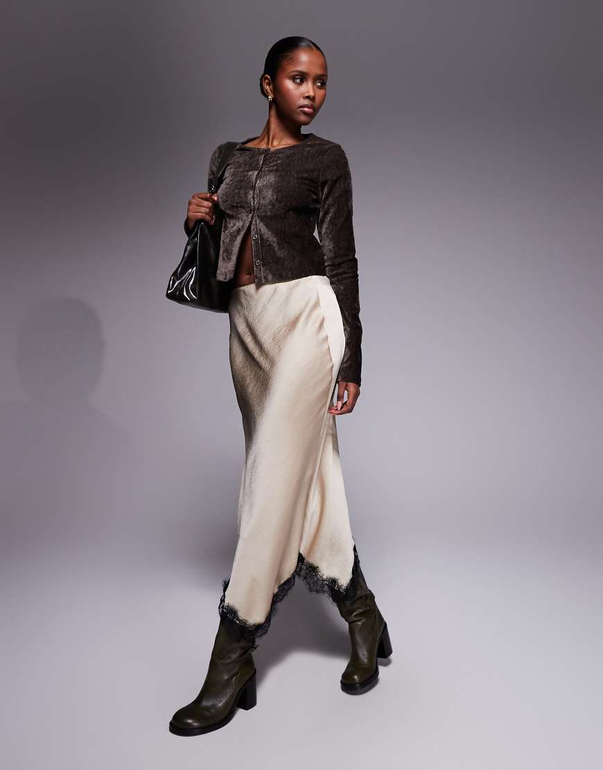 River Island - Satin-Rock in Beige mit Spitzendetail-Neutral von River Island