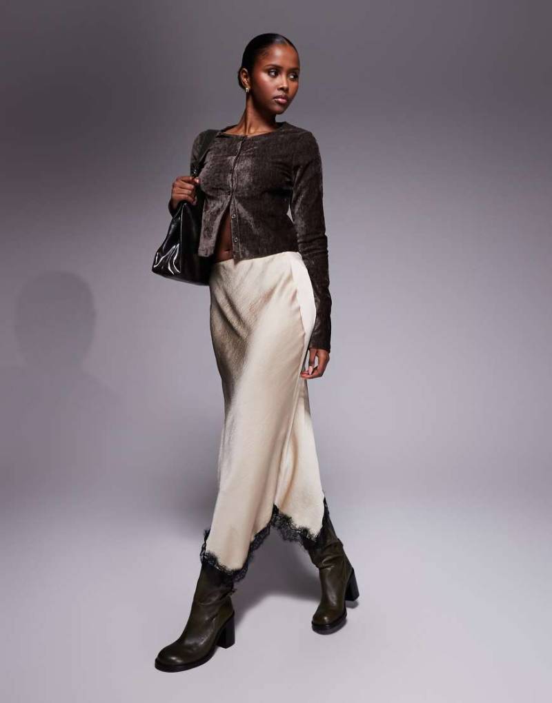 River Island - Satin-Rock in Beige mit Spitzendetail-Neutral von River Island