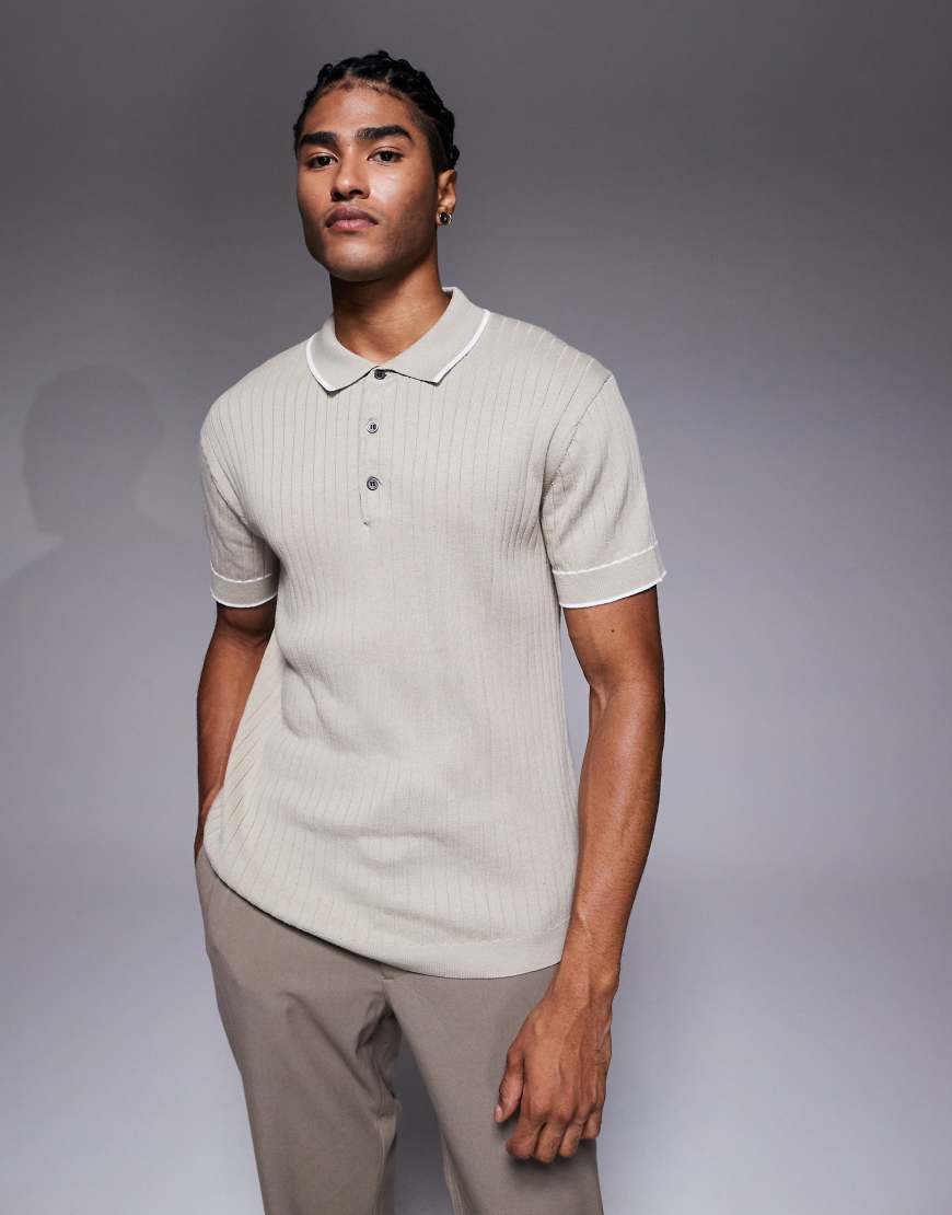 River Island - Schmales, geripptes Polohemd in Steingrau-Neutral von River Island