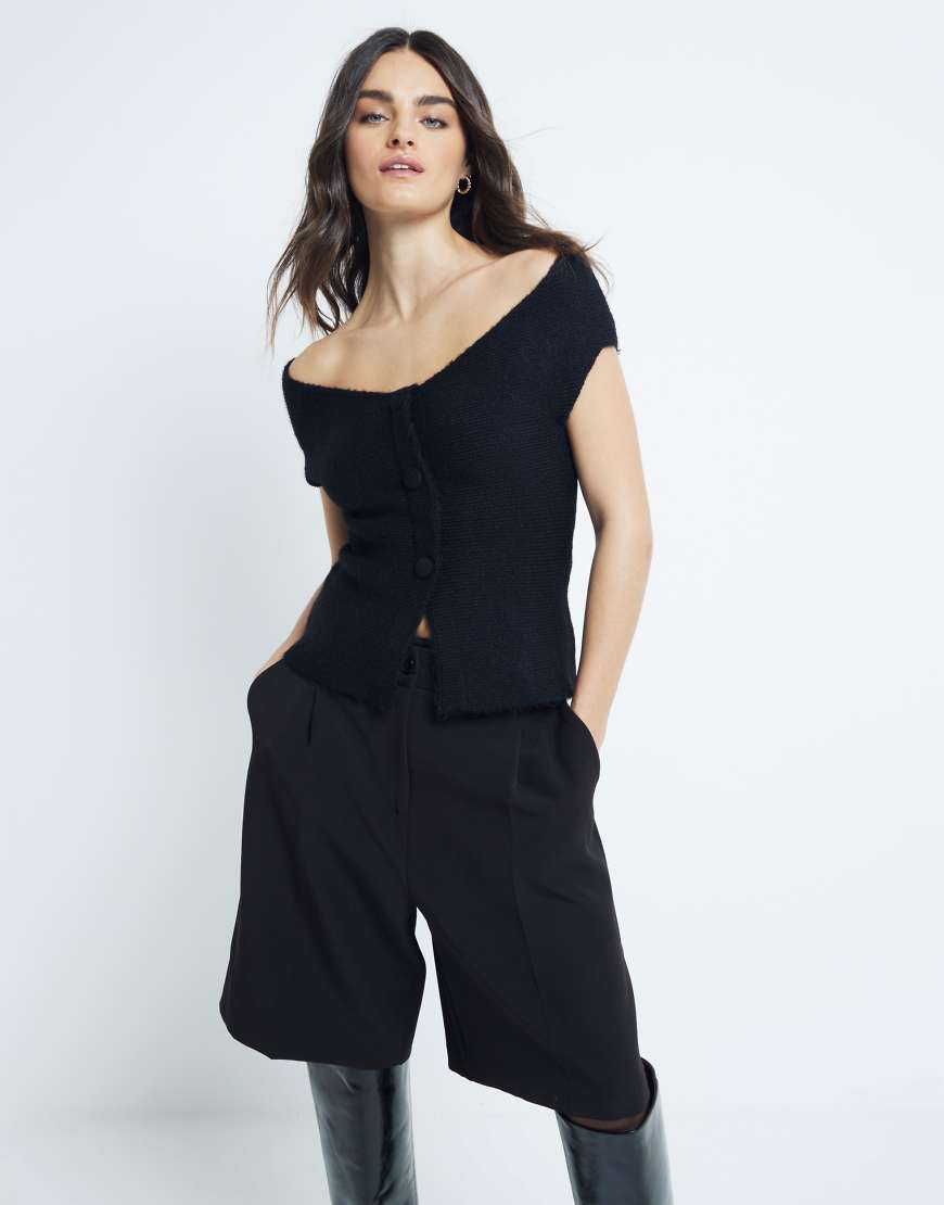 River Island - Schulterfreies Strickoberteil in Schwarz von River Island