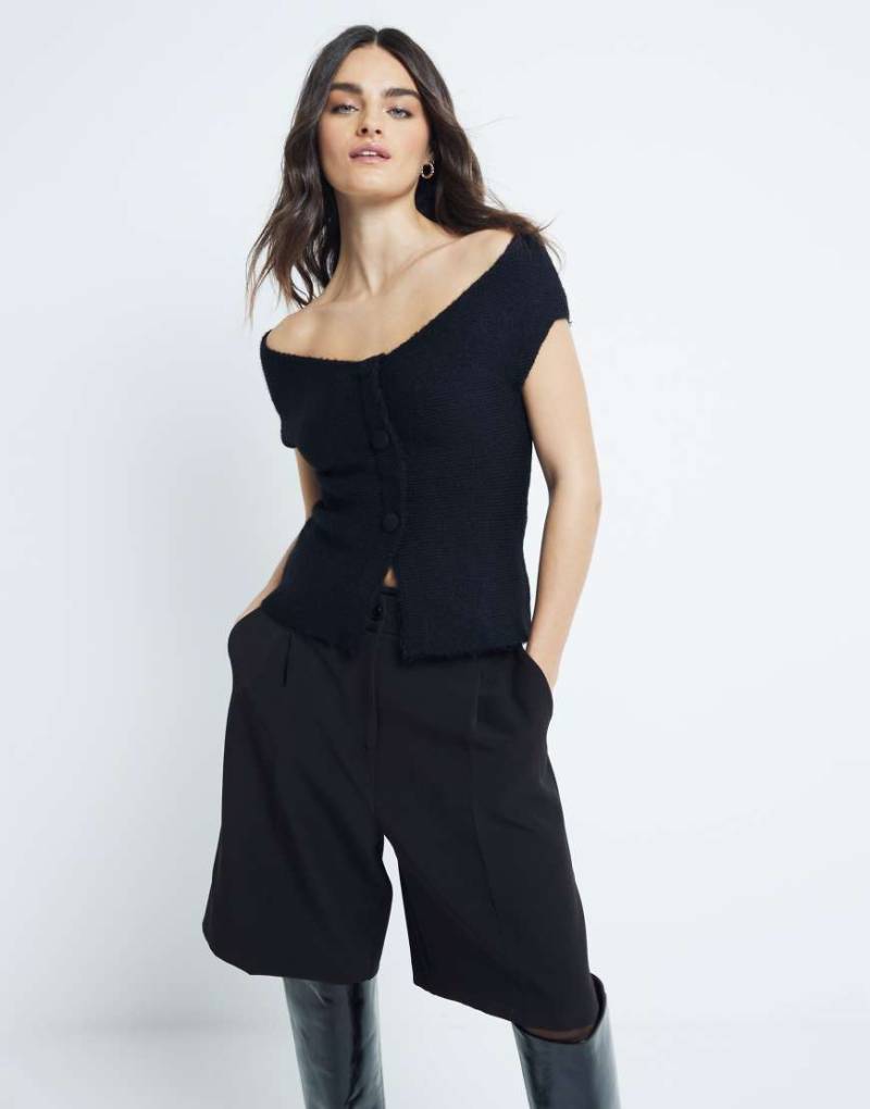 River Island - Schulterfreies Strickoberteil in Schwarz von River Island