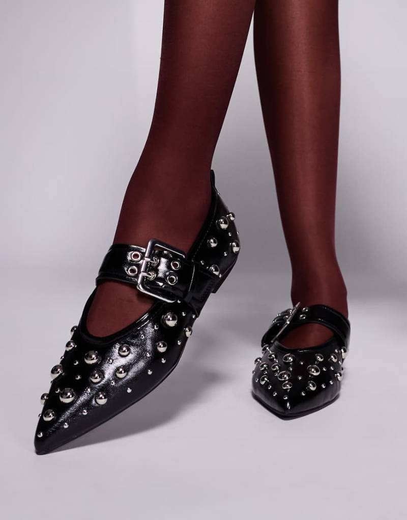 River Island - Spitze Mary-Jane-Ballerinas in Schwarz mit Nieten besetzt von River Island
