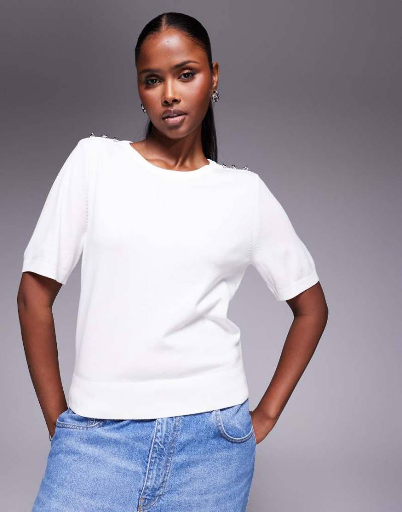 River Island - Strick-T-Shirt in Weiß mit Rundhalsausschnitt von River Island