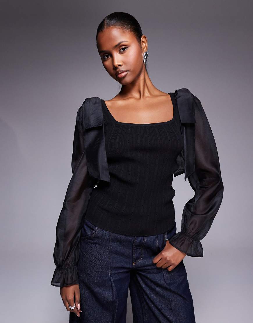 River Island - Strickoberteil in Schwarz mit Netzstoff-Ärmeln von River Island