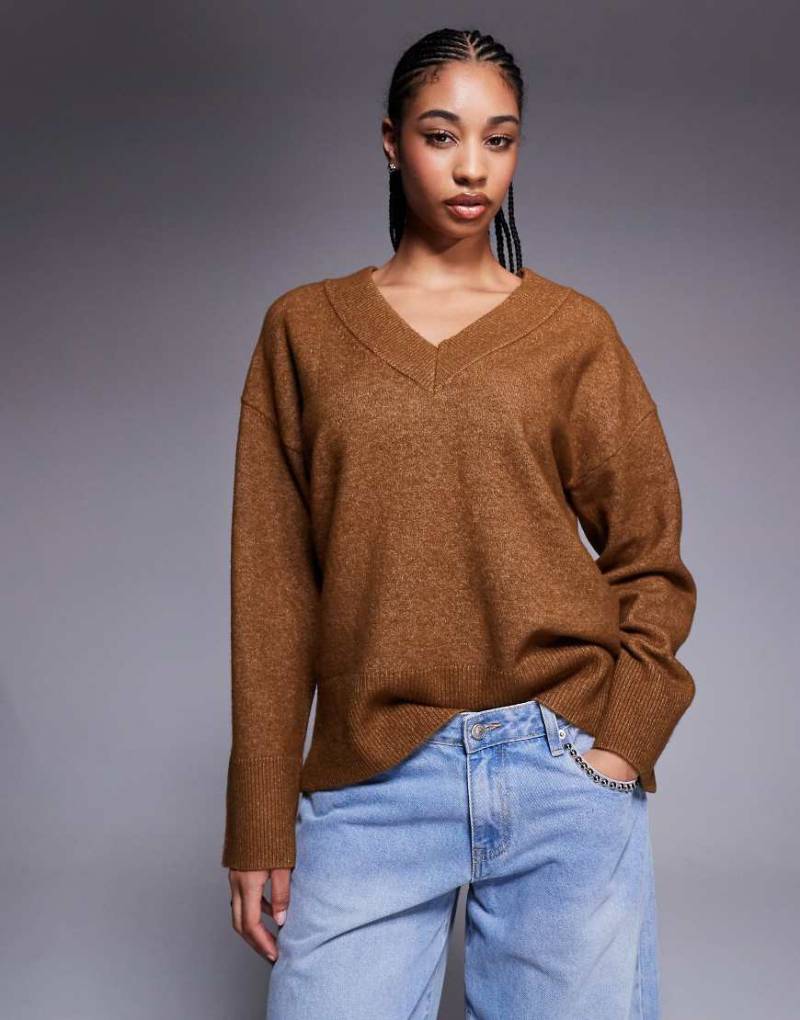 River Island - Strickpullover in Braun mit V-Ausschnitt-Orange von River Island