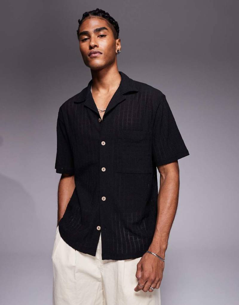 River Island - Strukturiertes Hemd in Schwarz mit Reverskragen von River Island