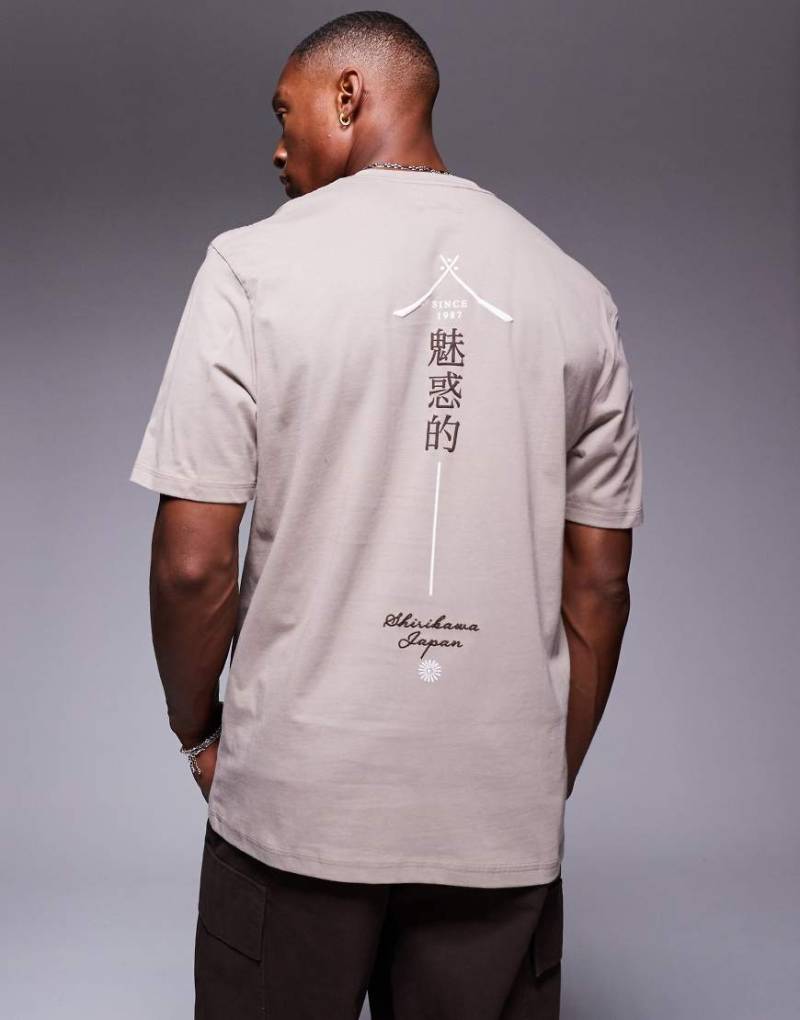 River Island - T-Shirt in Hellgrau mit japanischem vertikalem Print von River Island