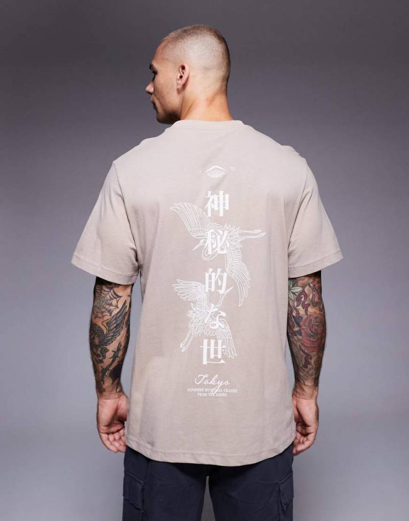 River Island - T-Shirt in Steinbeige mit Kranichprint auf der Wirbelsäule-Neutral von River Island