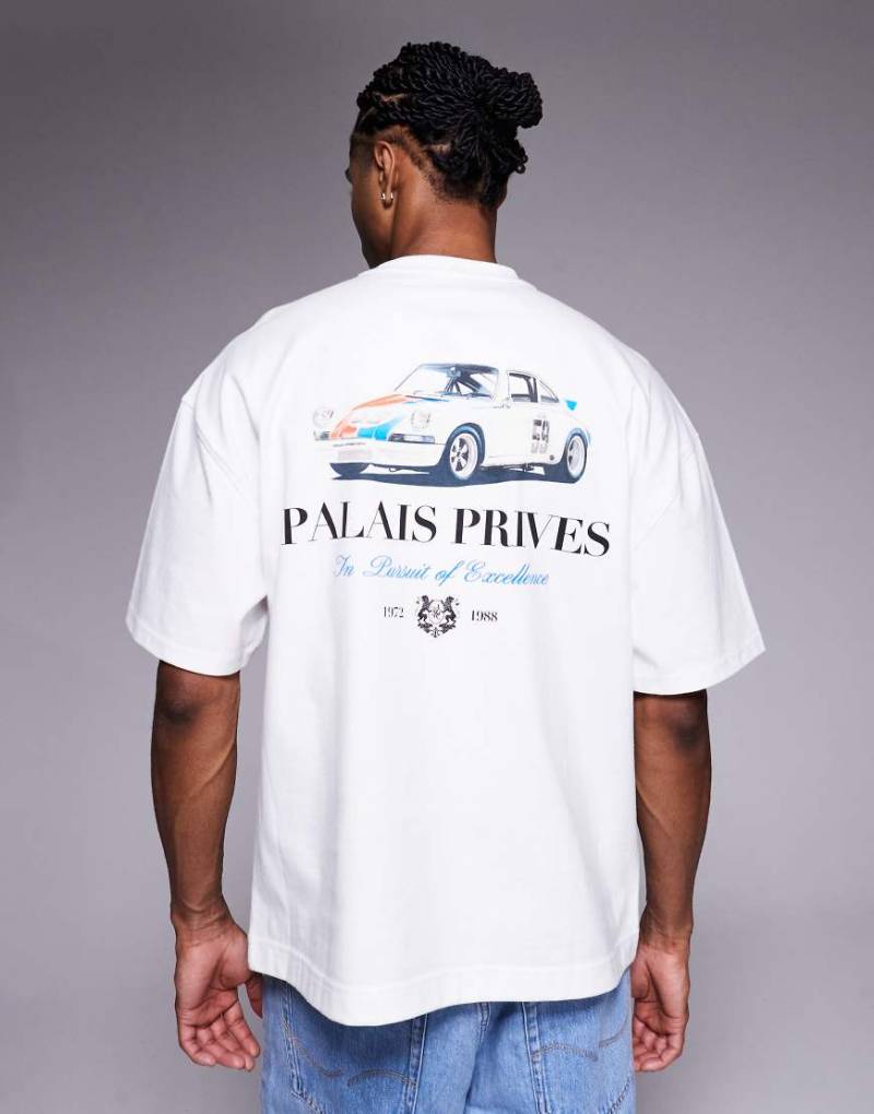 River Island - T-Shirt in Weiß mit „Palais Prives"- und Auto-Print von River Island