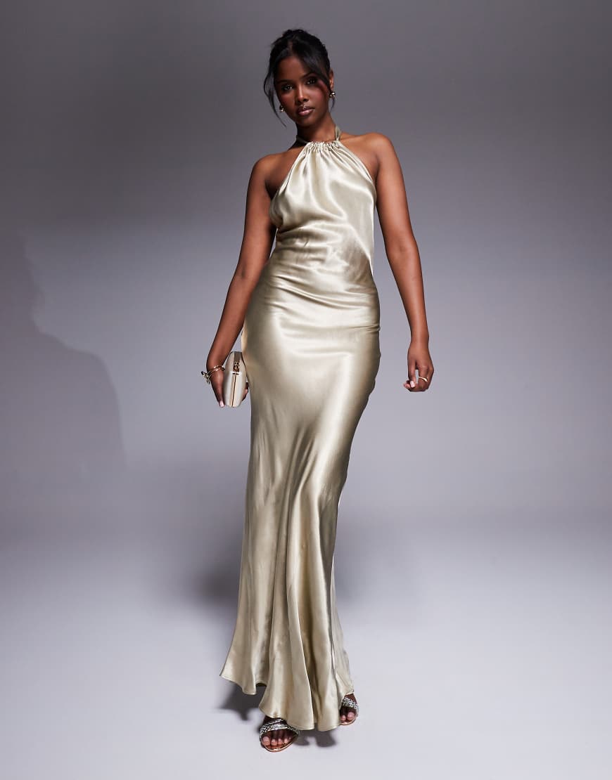 River Island - Träger-Maxikleid in Gold mit Neckholder-Goldfarben von River Island