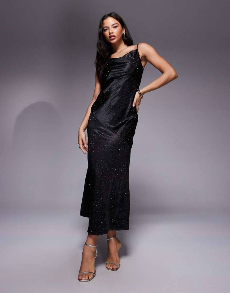 River Island - Trägerkleid in Schwarz mit Hotfix-Verzierung von River Island