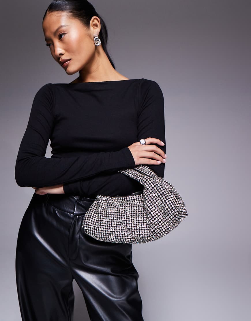 River Island - U-förmige Clutch-Tasche mit Strassbesatz in Silberoptik von River Island