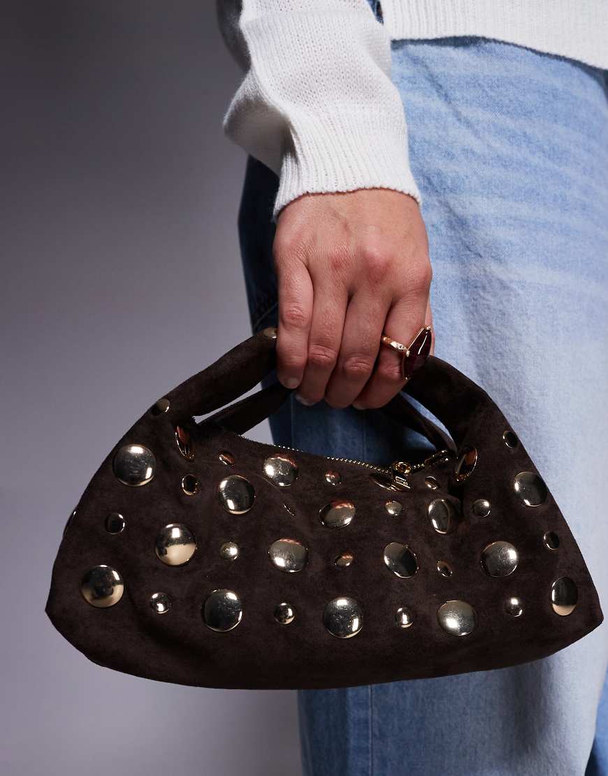 River Island - Umhängetasche aus Wildlederimitat in Dunkelbraun mit Nieten-Brown von River Island