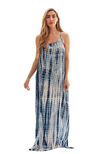 Riviera Sun Kleid mit Spaghettiträgern, Marineblaues und weißes Batikkleid mit blauen Punkten, X-Groß von Riviera Sun