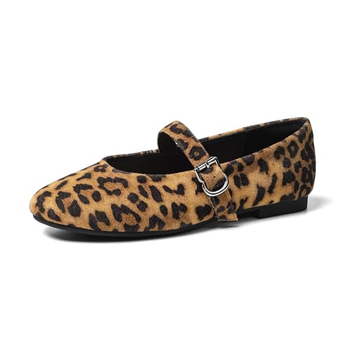 Rivsoi Bequeme Mary Jane Ballerinas, runde Zehenpartie, breite flache Schuhe für Damen, mit verstellbarem Riemen, für elegante Bürokleidung, Leoparden-Print, 41 EU von Rivsoi