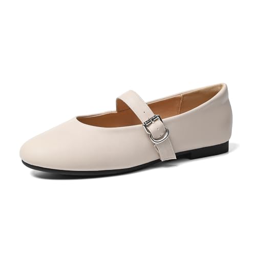 Rivsoi Bequeme Mary Jane Ballerinas, runde Zehenpartie, breite flache Schuhe für Damen, mit verstellbarem Riemen, für elegante Bürokleidung, Pu Beige, 41.5 EU von Rivsoi