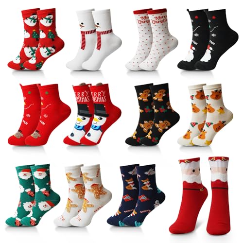 Riwer 12 Paar Unisex Weihnachtssocken Weihnachten Socken Baumwolle Funny Christmas Socks Weihnachtsmotiv Crew Socken Winter für Damen und Herren von Riwer
