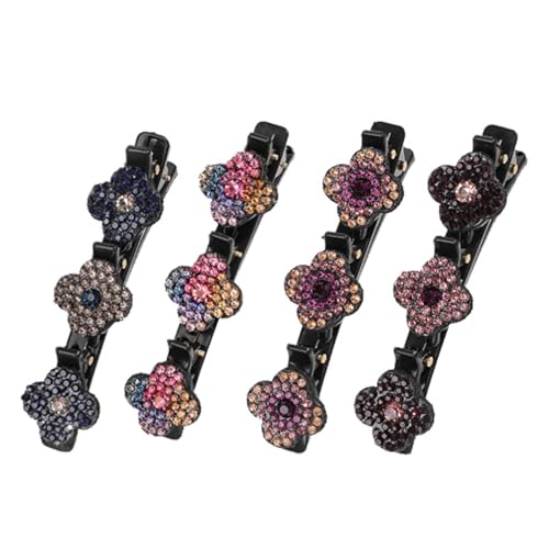 Glitzernde geflochtene Kristall-Haarspangen, Strass-Haarspange mit Kolibri-Blume, geflochtene doppellagige Mini-Esel-Clips für Damen und Mädchen (4 Stück) (Größe: 4) von Rixotix