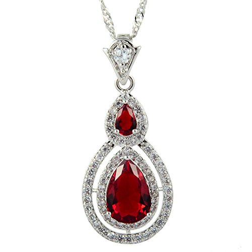 RIVA Anhänger mit 45cm(18") Kette & Tropfenschliff Edelstein Zirkonia CZ [Rot Rubin] in 18K Weißes Gold Vergoldet, Einfache Moderne Eleganz von Rizilia