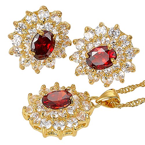 RIVA Blume Schmuckset Anhänger mit 45cm(18") Kette & Ohrstecker Ohrringe Ovalschliff Edelstein Zirkonia CZ [Rot Granat] in 18K Gelbgold Vergoldet, Einfache Moderne Eleganz von Rizilia