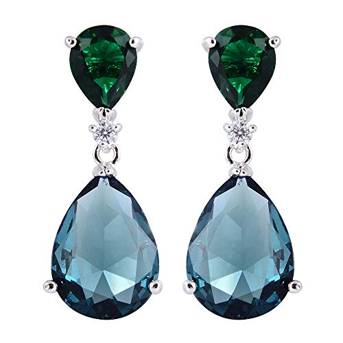 [RIVA CELEBOX] TRÄNE Gestochen Ohrhänger Ohrringe mit Tropfenschliff Edelstein Zirkonia CZ [Grün Smaragd & Blau Saphir] in 18K Weißes Gold Vergoldet, Promi inspiriert von Angelina Jolie von Rizilia