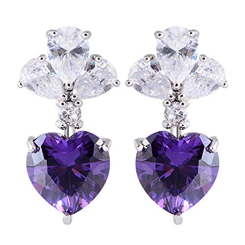RIVA Gestochen Ohrhänger Ohrringe mit Herzschliff Edelstein Zirkonia CZ [Lila Amethyst] in 18K Weiß Gold Vergoldet, Einfache Moderne Eleganz von Rizilia