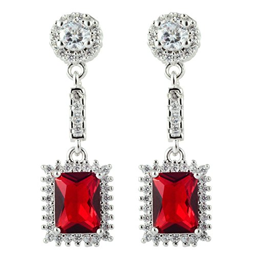 RIVA Gestochen Ohrhänger Ohrringe mit Rechteckschliff Edelstein Zirkonia CZ [Rot Rubin] in 18K Weißes Gold Vergoldet, Einfache Moderne Eleganz von Rizilia