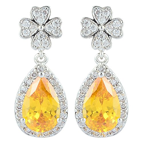[RIVA KLEE] TRÄNE Gestochen Ohrhänger Ohrringe mit Tropfenschliff Edelstein Zirkonia CZ [Gelb Citrin] in 18K Weißes Gold Vergoldet, Einfache Moderne Eleganz von Rizilia