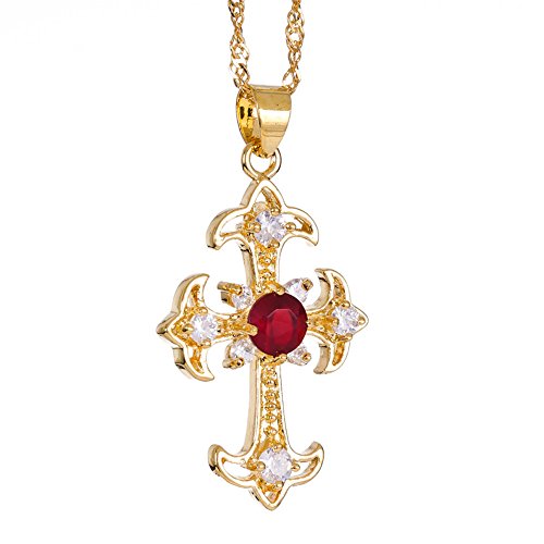 RIVA Kruzifix Kreuz Anhänger mit 45cm(18") Kette & Rundschliff Edelstein Zirkonia CZ [Rot Rubin] in 18K Gelbgold Vergoldet, Einfache Moderne Eleganz von Rizilia