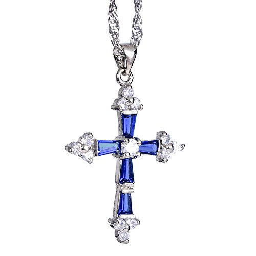 RIVA Kruzifix Kreuz Anhänger mit 45cm(18") Kette & Trapezschliff Edelstein Zirkonia CZ [Blau Saphir] in 18K Weißes Gold Vergoldet, Einfache Moderne Eleganz von Rizilia