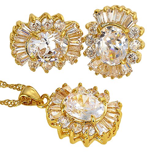 RIVA Schmuckset Anhänger mit 45cm(18") Kette & Ohrstecker Ohrringe Ovalschliff Edelstein Zirkonia CZ [Weiß Topas] in 18K Gelbgold Vergoldet, Einfache Moderne Eleganz von Rizilia