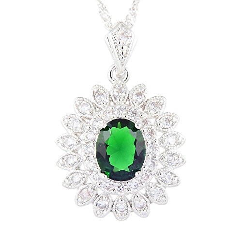RIVA Sonnenblume Anhänger mit 45cm(18") Kette & Ovalschliff Edelstein Zirkonia CZ [Grün Smaragd] in 18K Weißes Gold Vergoldet, Einfache Moderne Eleganz von Rizilia