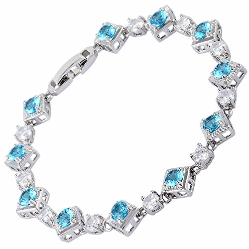 RIVA Tennis Armband [18cm/7inch] mit Rundschliff Edelstein Zirkonia CZ [Aquamarin] in 18K Weißgold Vergoldet, Einfache Moderne Eleganz von Rizilia