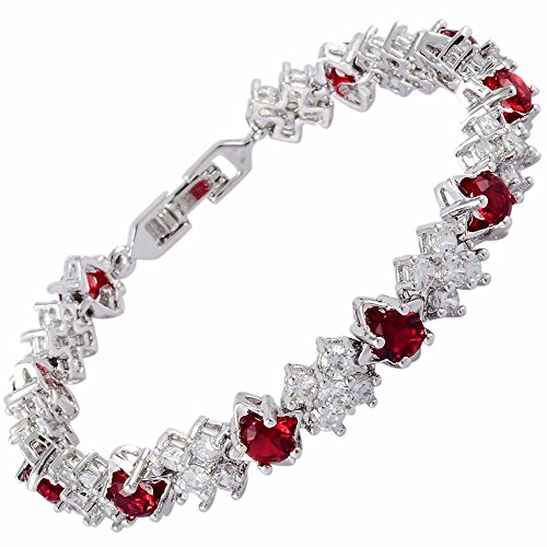RIVA Tennis Armband [18cm/7inch] mit Rundschliff Edelstein Zirkonia CZ [Rot Rubin] in 18K Weißgold Vergoldet, Einfache Moderne Eleganz von Rizilia