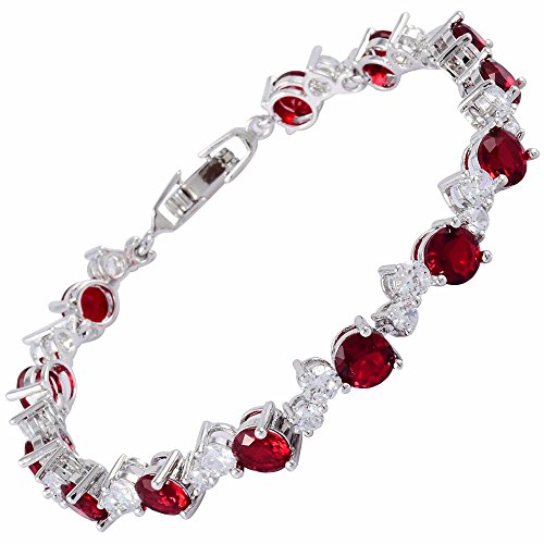 RIVA Tennis Armband [19cm/7.5inch] mit Rundschliff Edelstein Zirkonia CZ [Rot Rubin] in 18K Weißgold Vergoldet, Einfache Moderne Eleganz von Rizilia