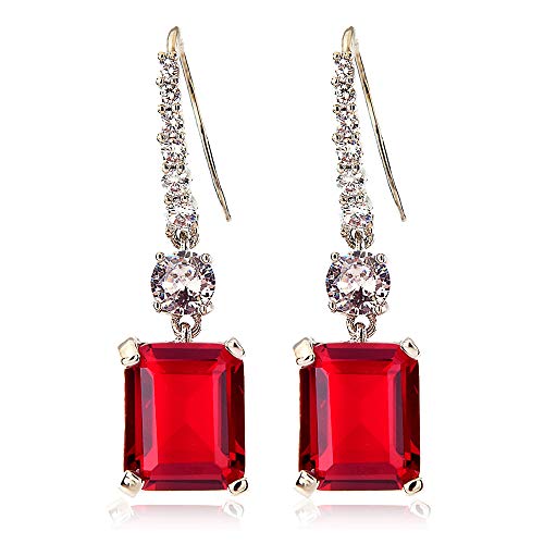 [RIZILIA KLASSISCH] Gestochen Ohrhänger Haken Ohrringe mit Smaragdschliff Edelstein Zirkonia CZ [Rot Rubin] in 18K Weiß Gold Vergoldet, Einfache Moderne Eleganz von Rizilia