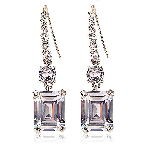 [RIZILIA KLASSISCH] Gestochen Ohrhänger Haken Ohrringe mit Smaragdschliff Edelstein Zirkonia CZ [Weiß Topas] in 18K Weiß Gold Vergoldet, Einfache Moderne Eleganz von Rizilia