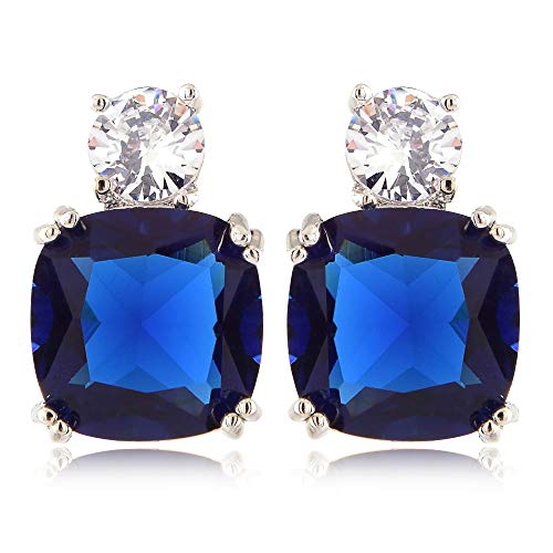 [RIZILIA KLASSISCH] Gestochen Ohrstecker Ohrringe mit Kissenschliff Edelstein Zirkonia CZ [Blau Saphir] in 18K Weiß Gold Vergoldet, Einfache Moderne Eleganz von Rizilia