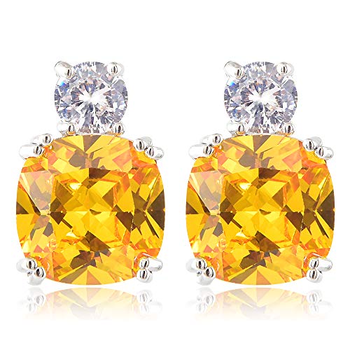 [RIZILIA KLASSISCH] Gestochen Ohrstecker Ohrringe mit Kissenschliff Edelstein Zirkonia CZ [Gelb Citrin] in 18K Weiß Gold Vergoldet, Einfache Moderne Eleganz von Rizilia