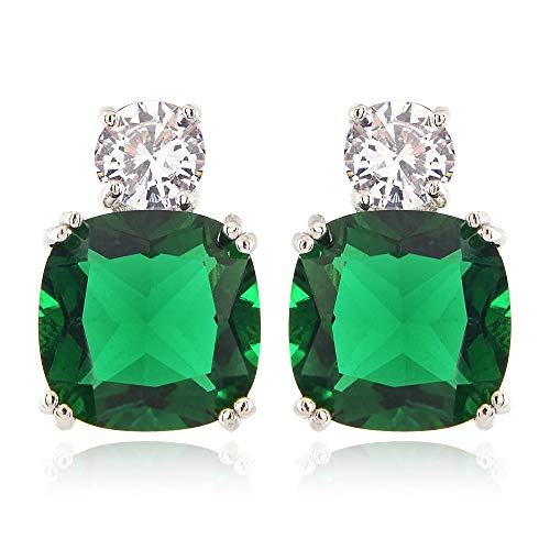 [RIZILIA KLASSISCH] Gestochen Ohrstecker Ohrringe mit Kissenschliff Edelstein Zirkonia CZ [Grün Smaragd] in 18K Weiß Gold Vergoldet, Einfache Moderne Eleganz von Rizilia