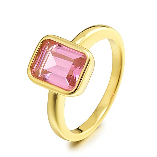Rizilia CELEBOX Solitär Verlobung Ringe mit Smaragd Schliff Edelstein Zirkonia CZ [Rosa Saphir] in 18K Gelbgold Vergoldet, Berühmtheit inspiriert von Angelina Jolie von Rizilia