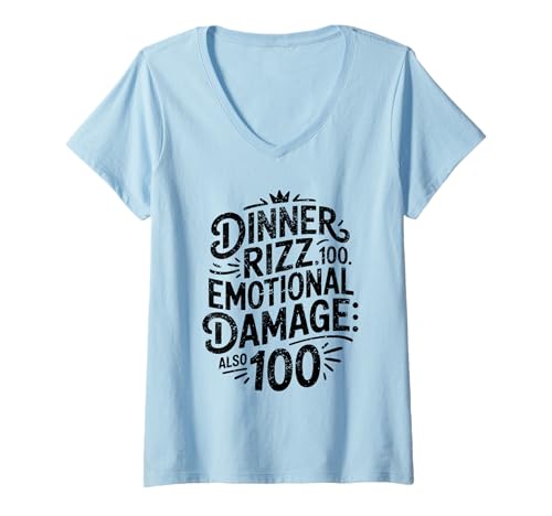 Damen Dinner Rizz 100 Emotionaler Schaden 100 Lustiges Spielen T-Shirt mit V-Ausschnitt Damen Dinner Rizz 100 Emotionaler Schaden 100 Lustiges Spielen T-Shirt mit V-Ausschnitt von Rizz Meter Apparel