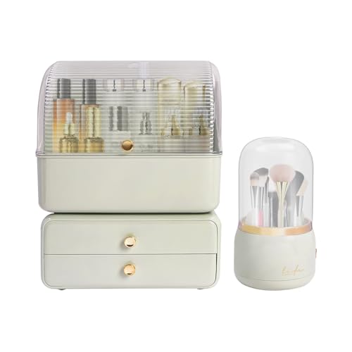 RjcdOPL Make-up-Organizer mit 2 Schubladen und Kosmetikpinsel-Organizer, transparenter Deckel, für Schminktisch, Schlafzimmer, Badezimmer, Nachttisch (grün) von RjcdOPL