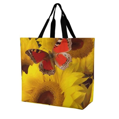 Rkklvbns Gelbe Sonnenblumen mit rotem Schmetterling, Damen-Tragetasche, Schultertasche, Einkaufstasche, tragbar, leicht, langlebig, für Arbeit, Reisen, Freizeittasche Rkklvbns Gelbe Sonnenblumen mit rotem Schmetterling, Damen-Tragetasche, Schultertasche, Einkaufstasche, tragbar, leicht, langlebig, für Arbeit, Reisen, Freizeittasche von Rkklvbns