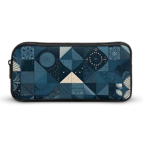 Rkklvbns Großes Federmäppchen mit blauem geometrischem Muster, tragbares Federmäppchen mit Reißverschluss, Schreibwaren-Organizer, einfache Aufbewahrung, ästhetische Schreibwaren für Büro, Uni von Rkklvbns